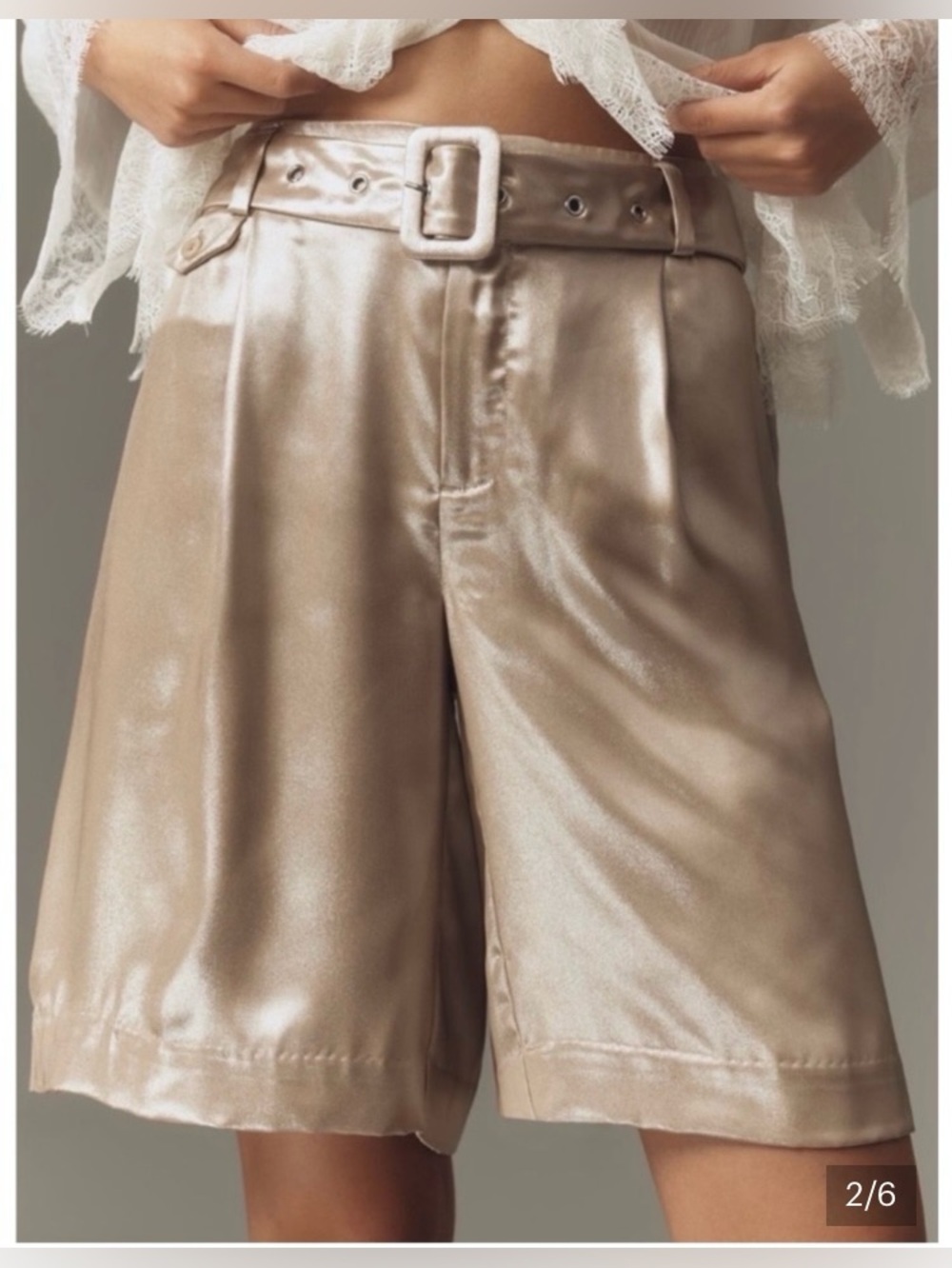 Anthropologie Liquid Shine Bermuda Belted High-Rise Shorts in Beige Silver foil